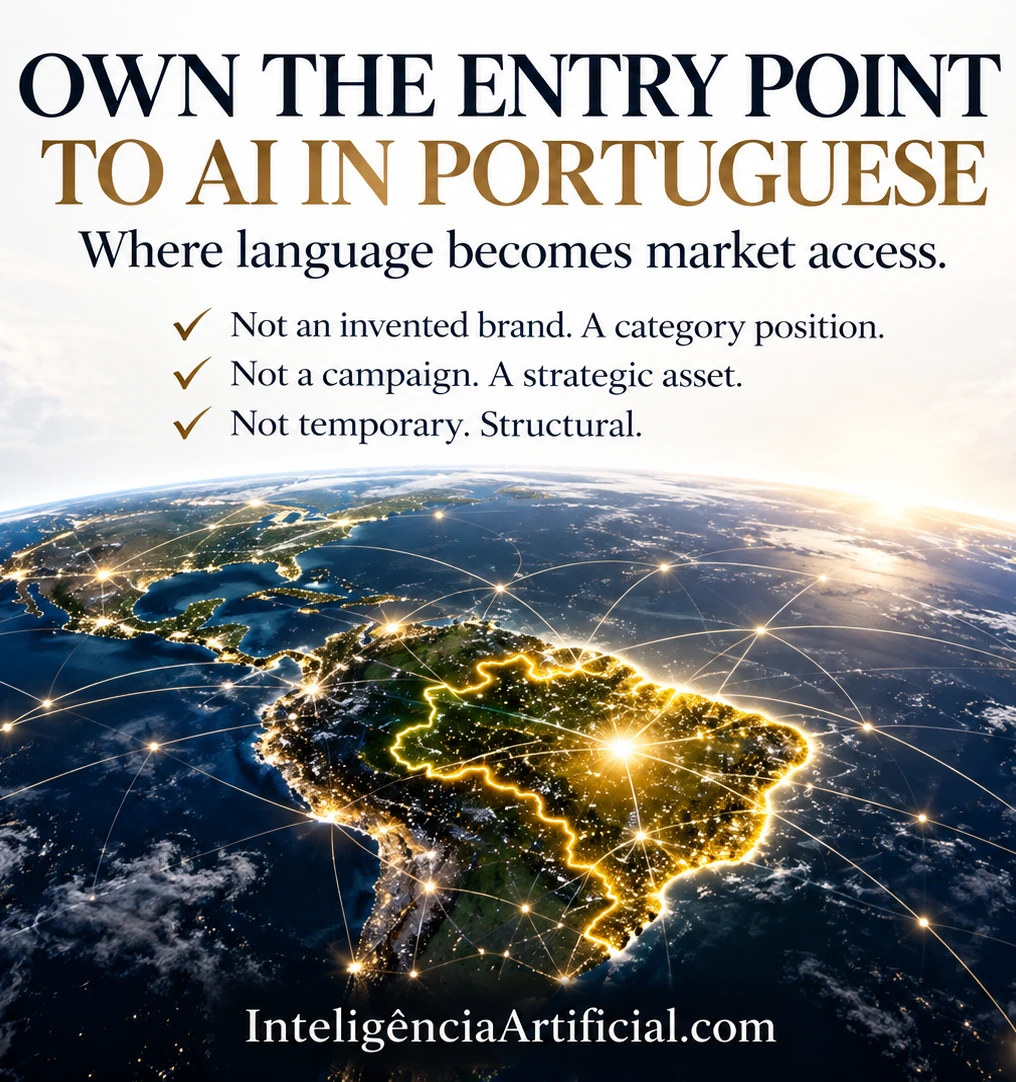Brazil highlighted within a connected view of the Americas, presenting InteligênciaArtificial.com as a strategic entry point to Portuguese-language AI.